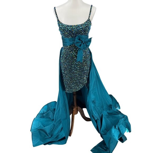 Rachel Allan Teal Beaded High-Low Gown With Bow Detail Size 4 - Picture 2 of 6